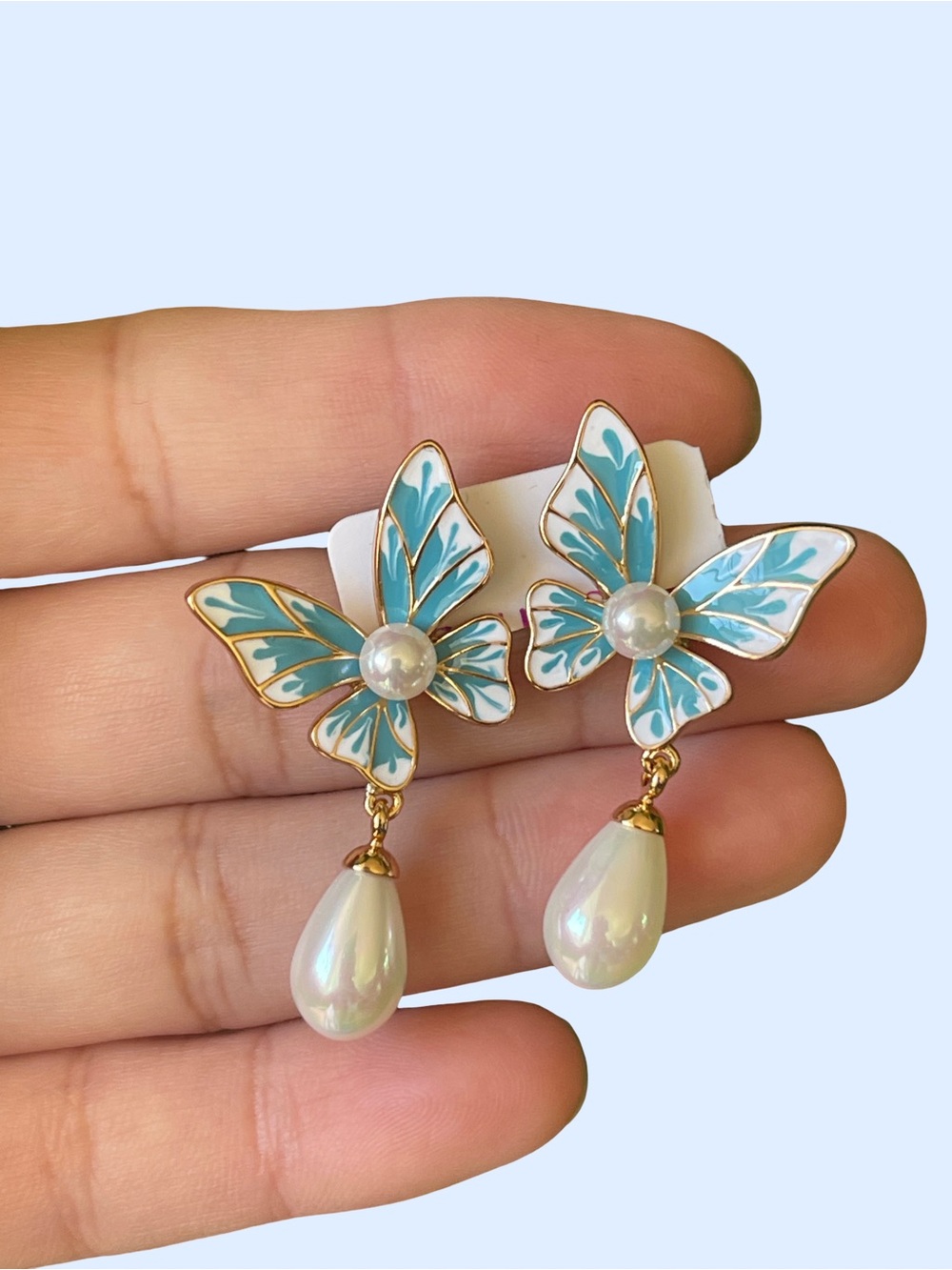 Elegant Blue Butterfly Pearl Drop Earrings - Women Jewelry